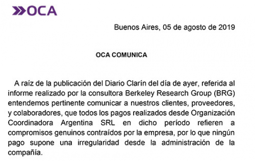 Comunicado de OCA a raíz de la nota del diario Clarín de 4/8/2019
