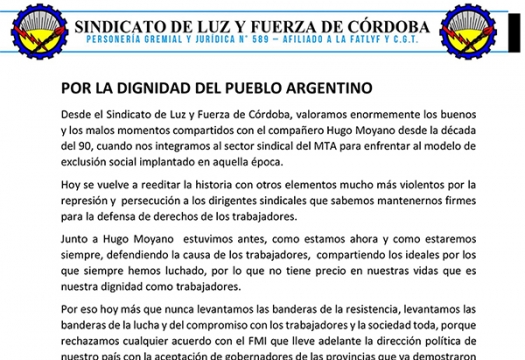 Mensaje de apoyo: Por la dignidad del Pueblo Argentino
